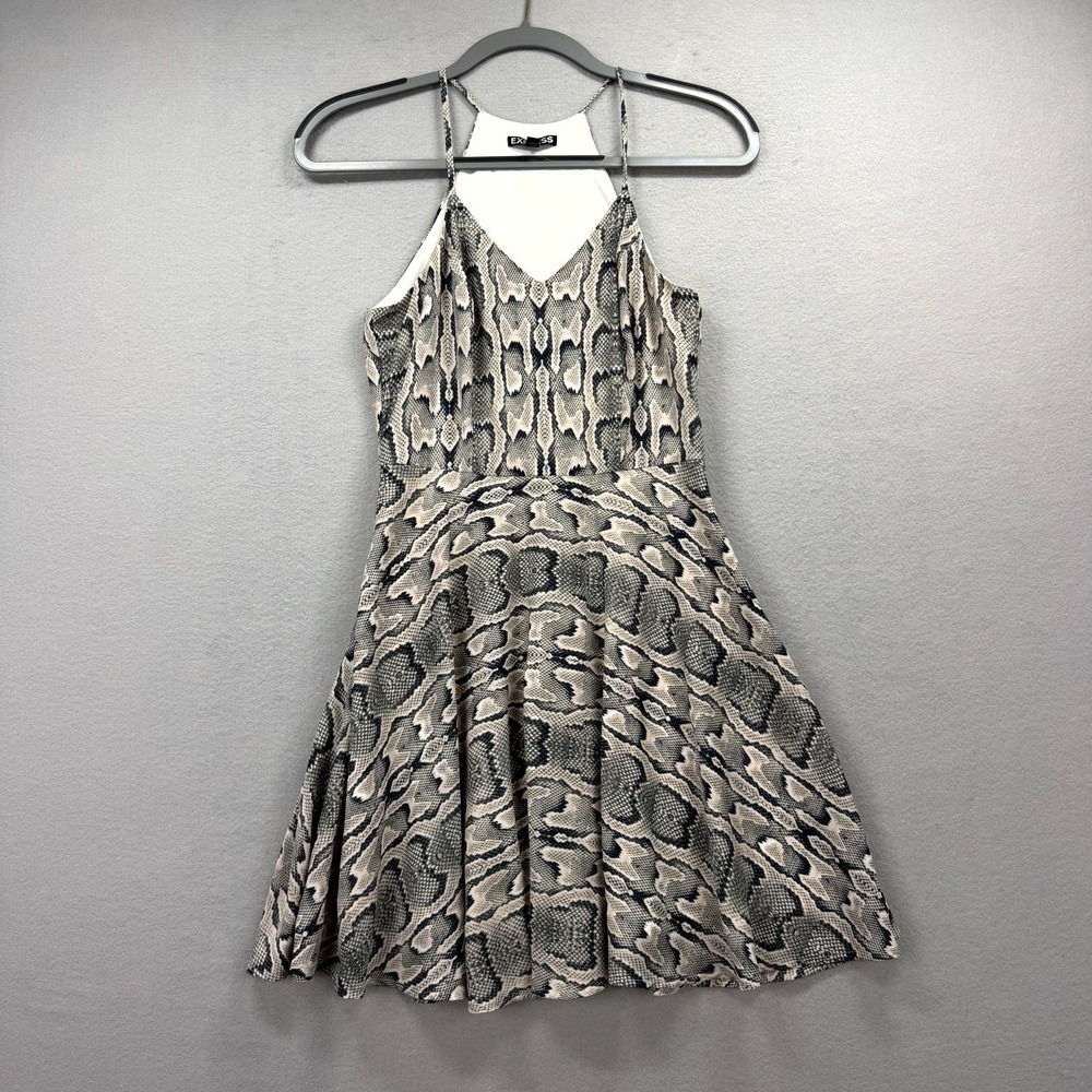 Express Slip Mini Dress Womens 2 Beige Black Snake Skin Spaghetti Strap Athletic
